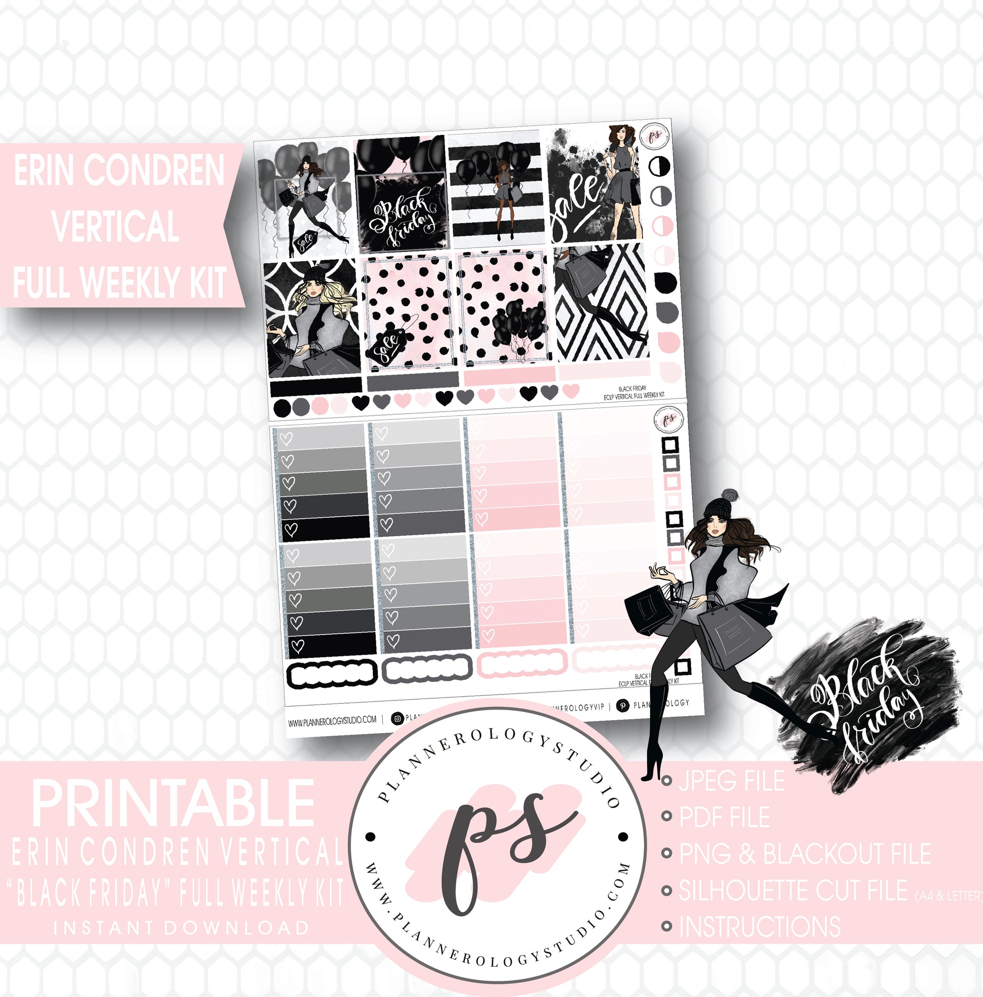 Black Friday Full Weekly Kit Printable Planner Digital Stickers (for use with Erin Condren Vertical) - Plannerologystudio