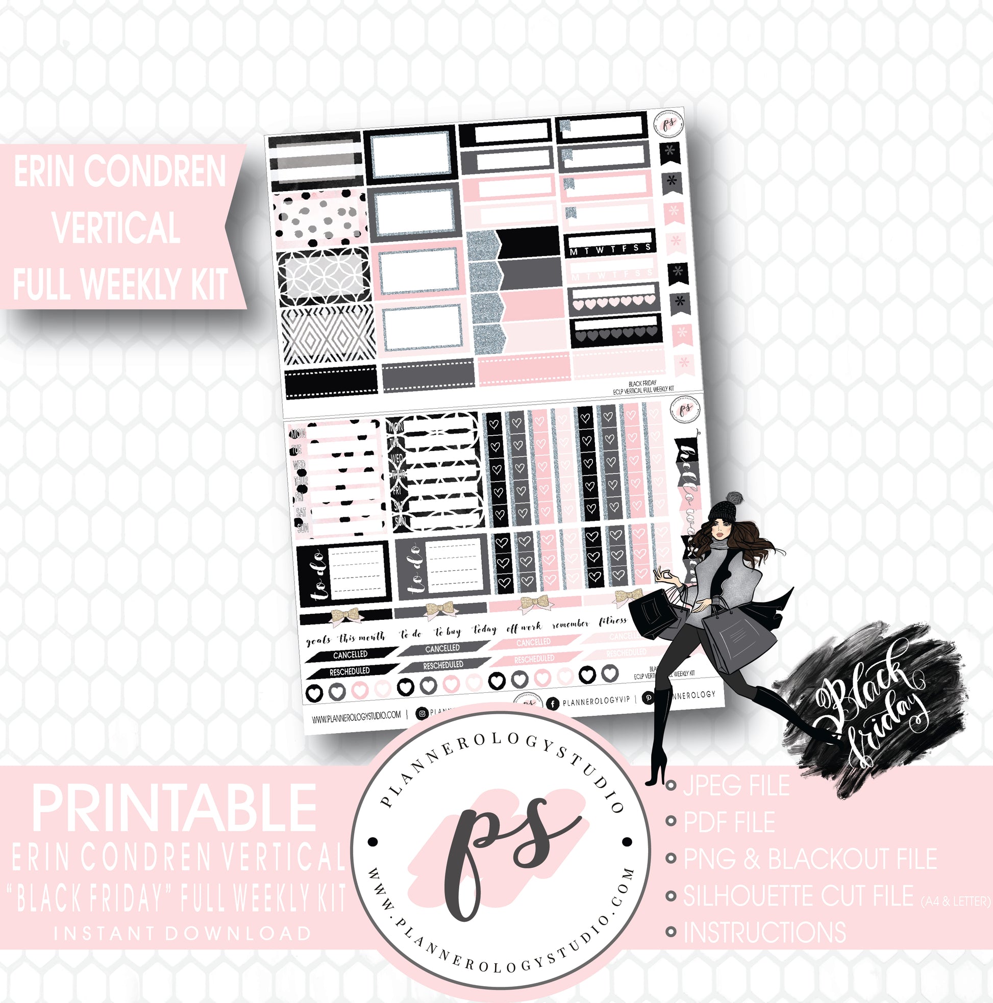 Black Friday Full Weekly Kit Printable Planner Digital Stickers (for use with Erin Condren Vertical) - Plannerologystudio