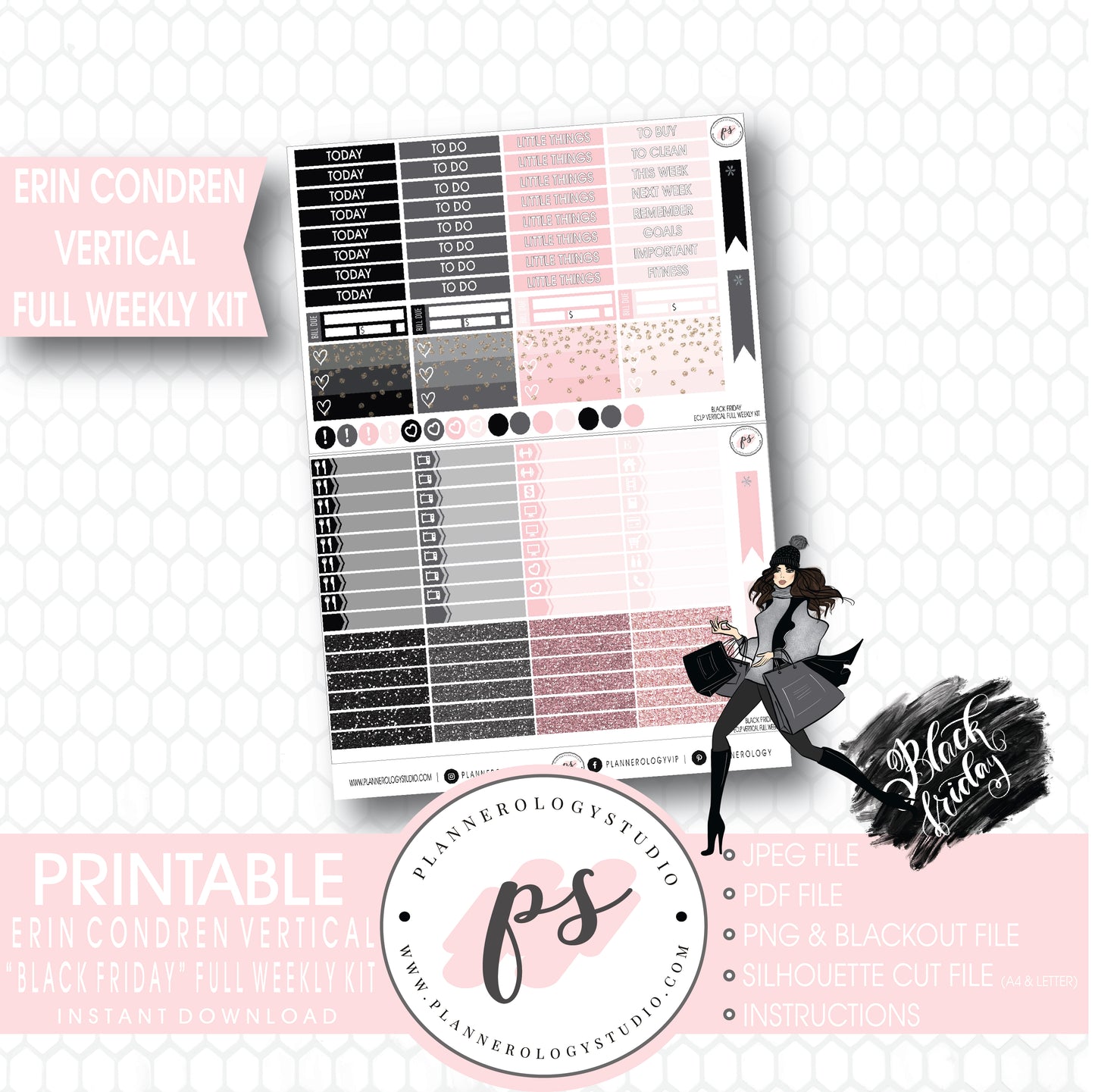 Black Friday Full Weekly Kit Printable Planner Digital Stickers (for use with Erin Condren Vertical) - Plannerologystudio