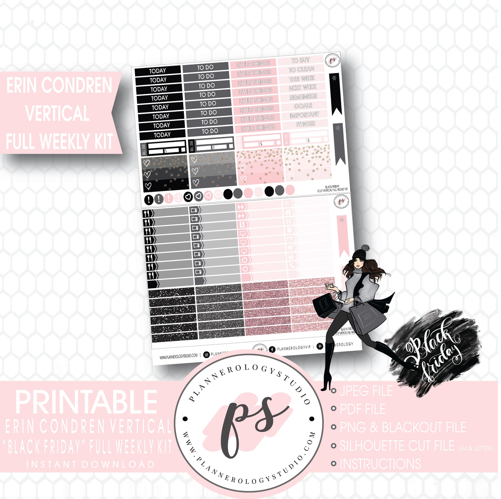 Black Friday Full Weekly Kit Printable Planner Digital Stickers (for use with Erin Condren Vertical) - Plannerologystudio