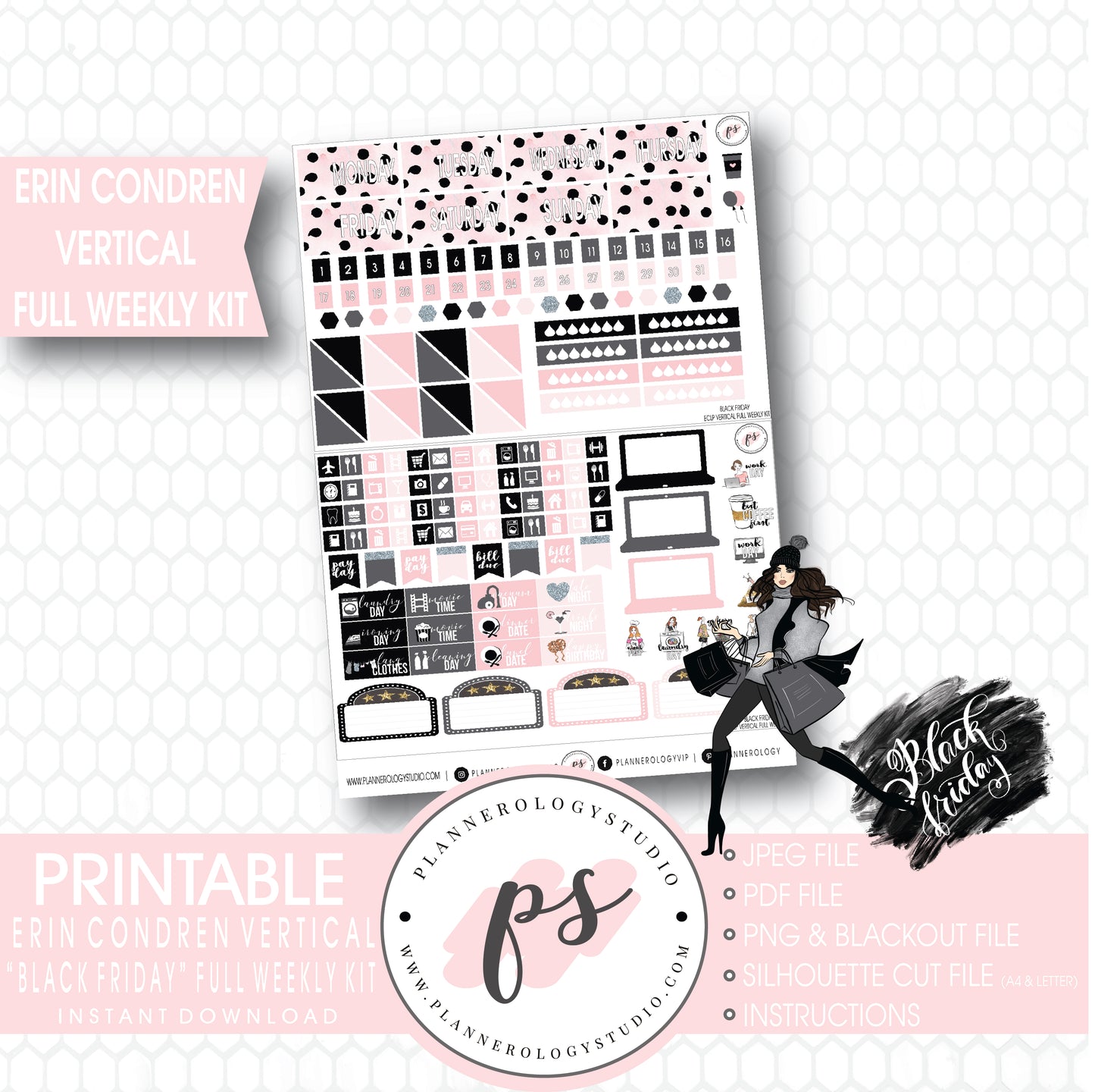 Black Friday Full Weekly Kit Printable Planner Digital Stickers (for use with Erin Condren Vertical) - Plannerologystudio