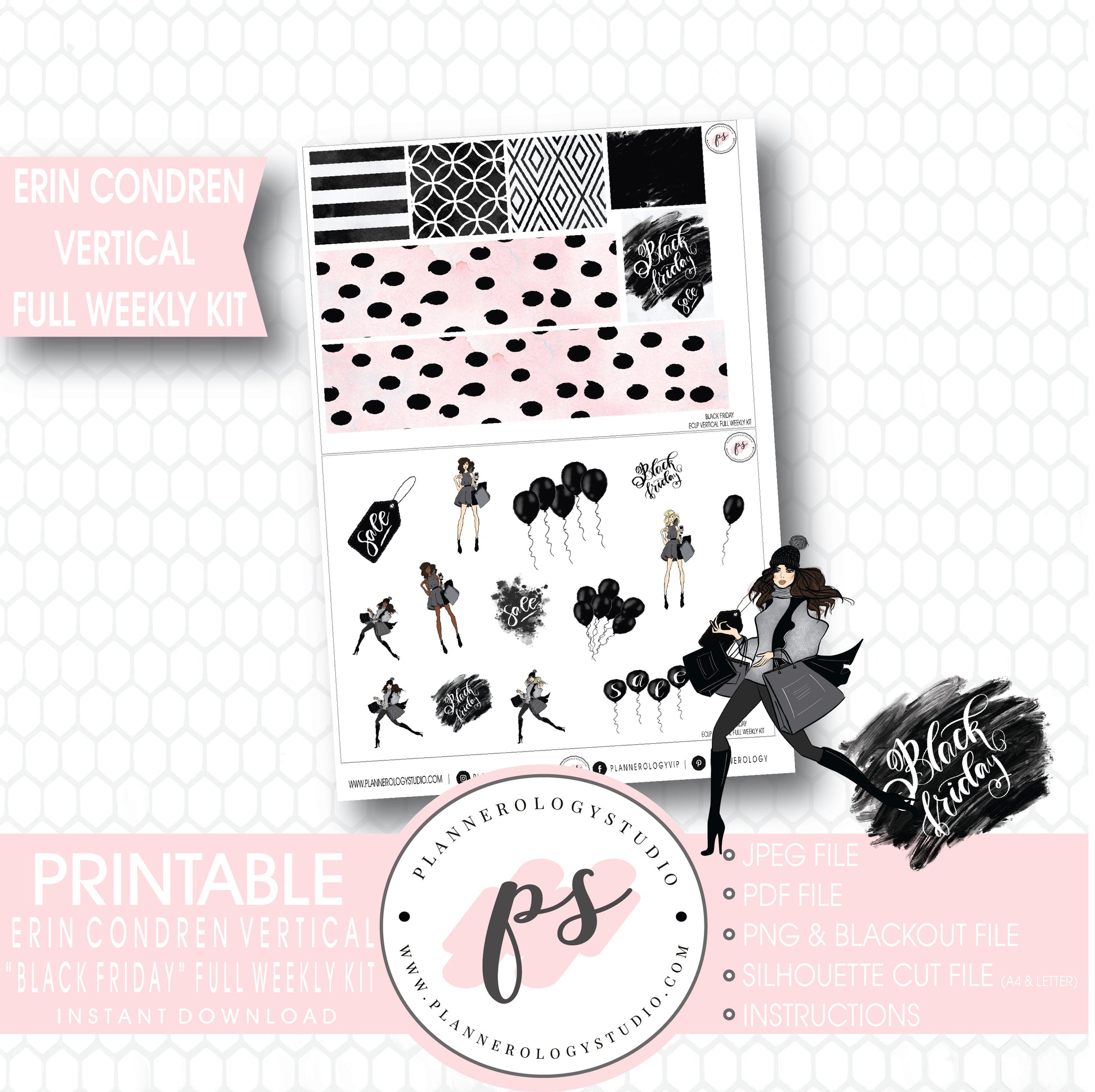 Black Friday Full Weekly Kit Printable Planner Digital Stickers (for use with Erin Condren Vertical) - Plannerologystudio
