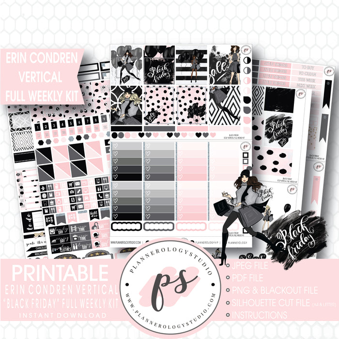 Black Friday Full Weekly Kit Printable Planner Digital Stickers (for use with Erin Condren Vertical) - Plannerologystudio