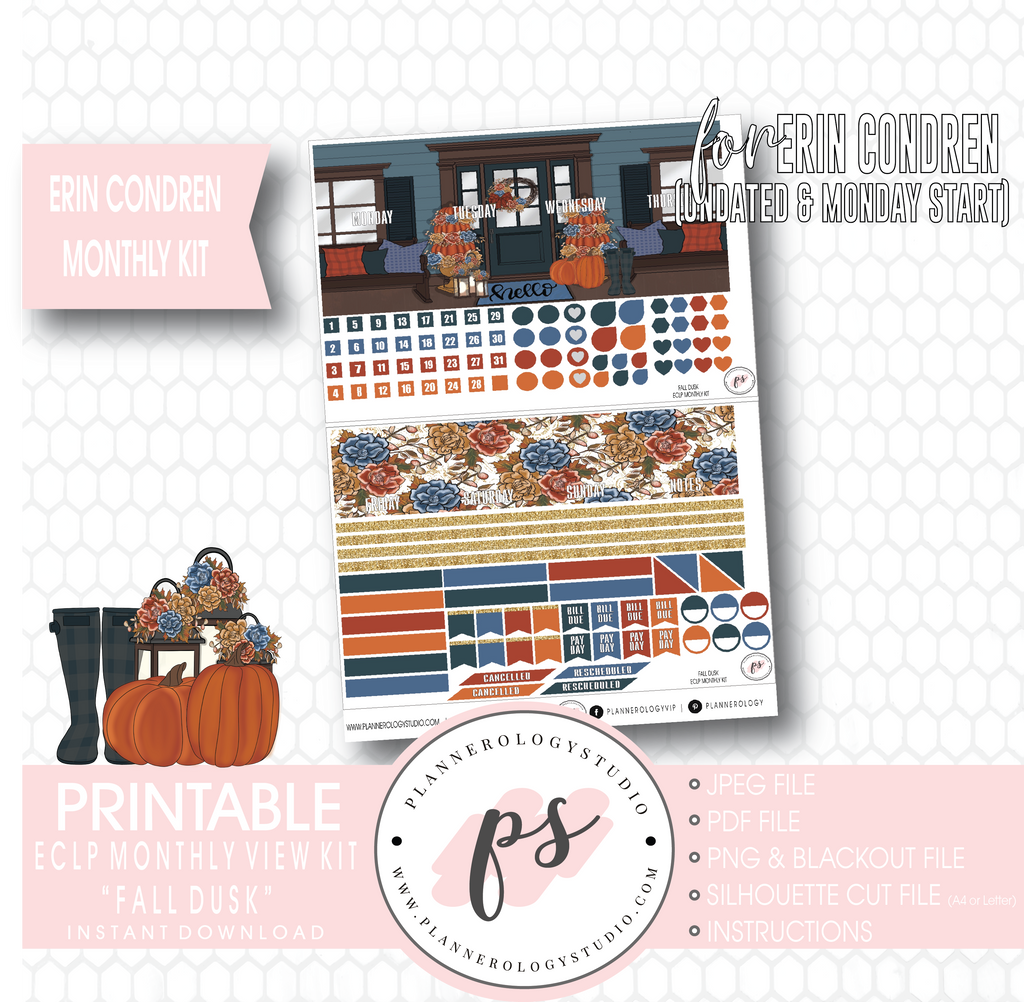 Fall Dusk Monthly View Kit Digital Printable Planner Stickers (for use with Erin Condren) (Undated and Monday Start) - Plannerologystudio