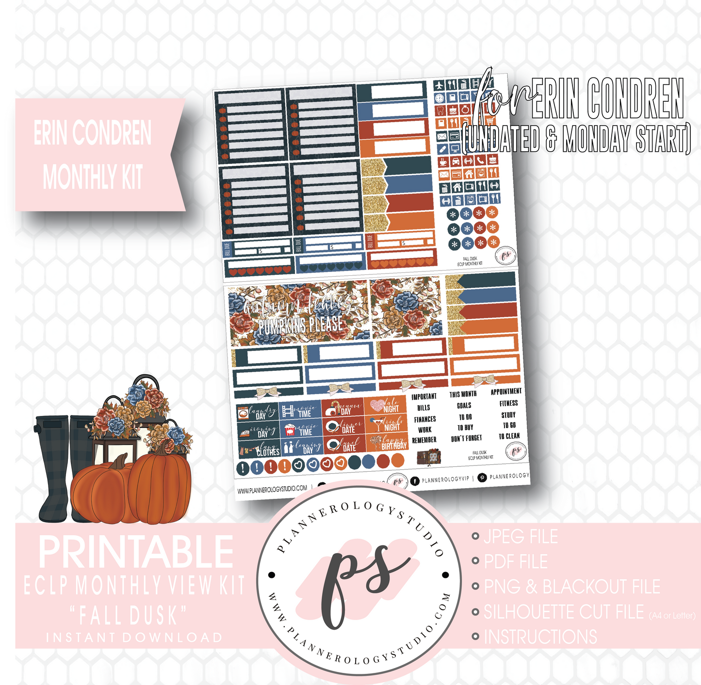 Fall Dusk Monthly View Kit Digital Printable Planner Stickers (for use with Erin Condren) (Undated and Monday Start) - Plannerologystudio