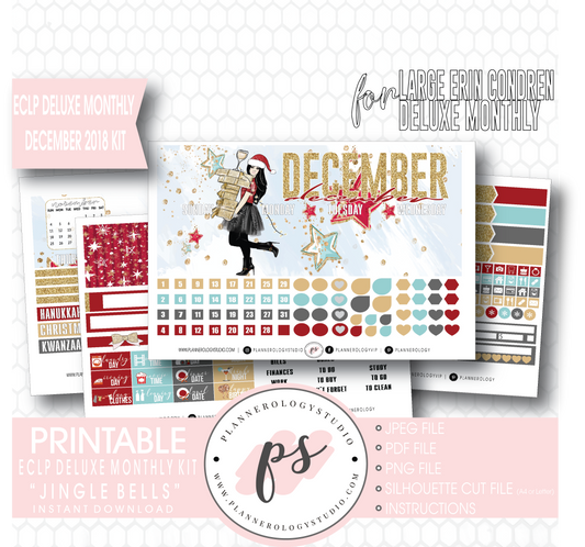 Jingle Bells December 2018 Monthly View Kit Digital Printable Planner Stickers (for use with Erin Condren Large Deluxe Monthly Planner) - Plannerologystudio