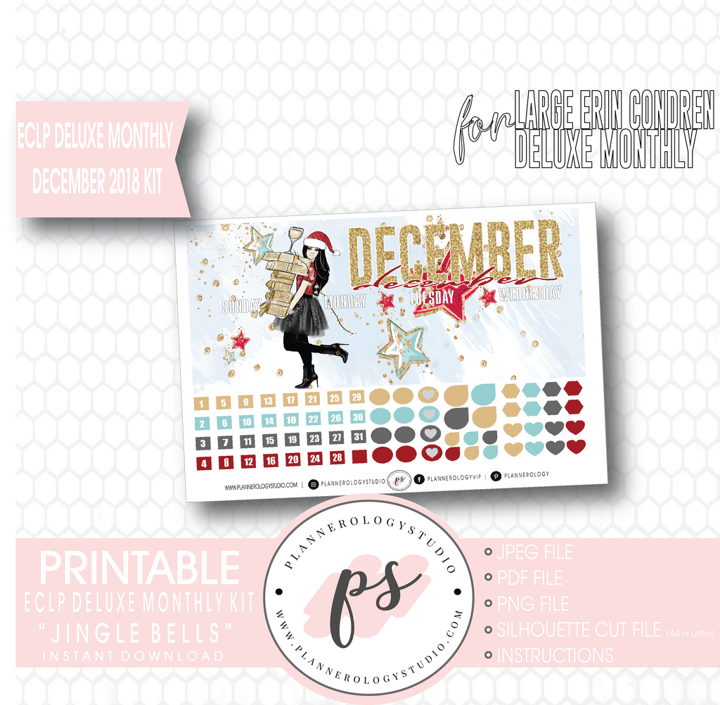 Jingle Bells December 2018 Monthly View Kit Digital Printable Planner Stickers (for use with Erin Condren Large Deluxe Monthly Planner) - Plannerologystudio