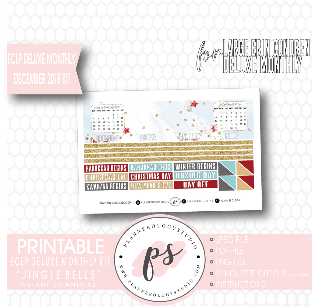 Jingle Bells December 2018 Monthly View Kit Digital Printable Planner Stickers (for use with Erin Condren Large Deluxe Monthly Planner) - Plannerologystudio