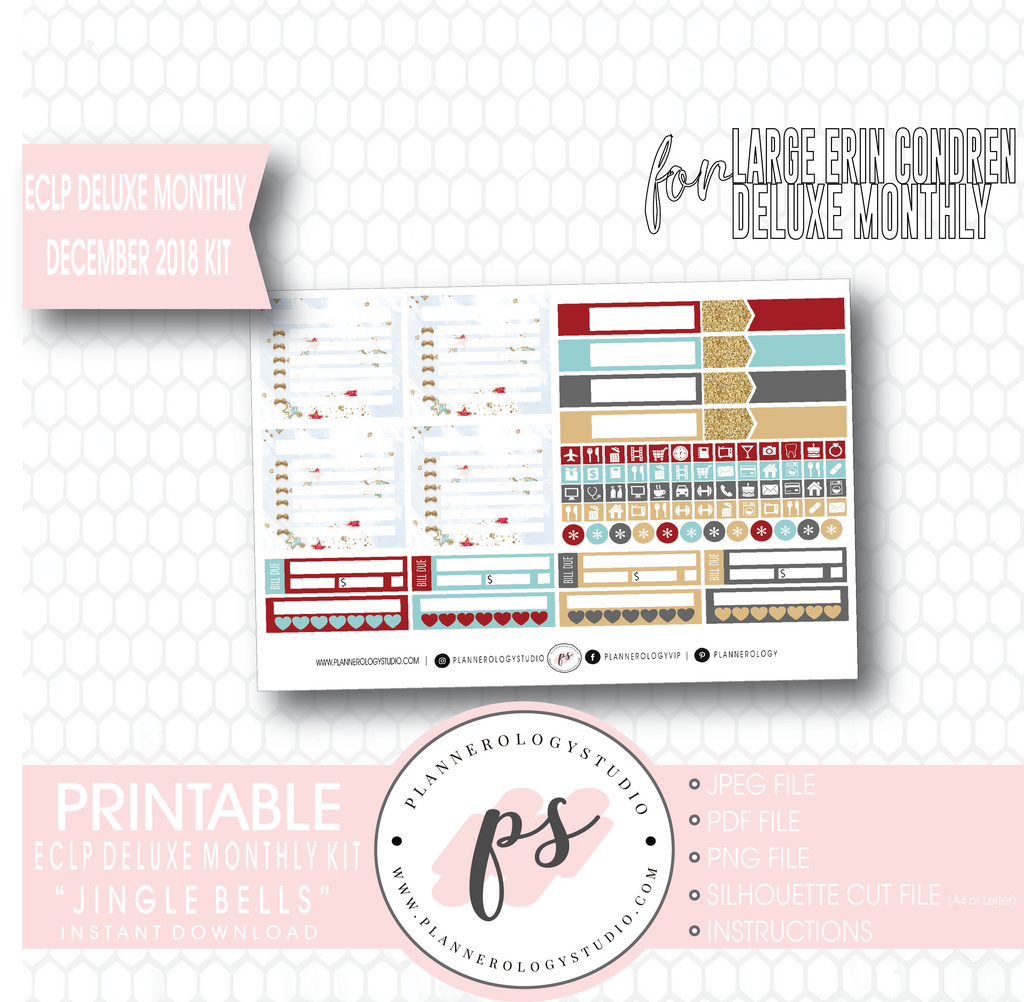 Jingle Bells December 2018 Monthly View Kit Digital Printable Planner Stickers (for use with Erin Condren Large Deluxe Monthly Planner) - Plannerologystudio