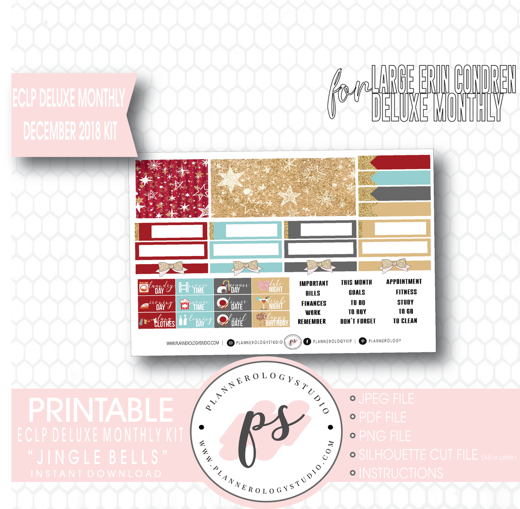 Jingle Bells December 2018 Monthly View Kit Digital Printable Planner Stickers (for use with Erin Condren Large Deluxe Monthly Planner) - Plannerologystudio