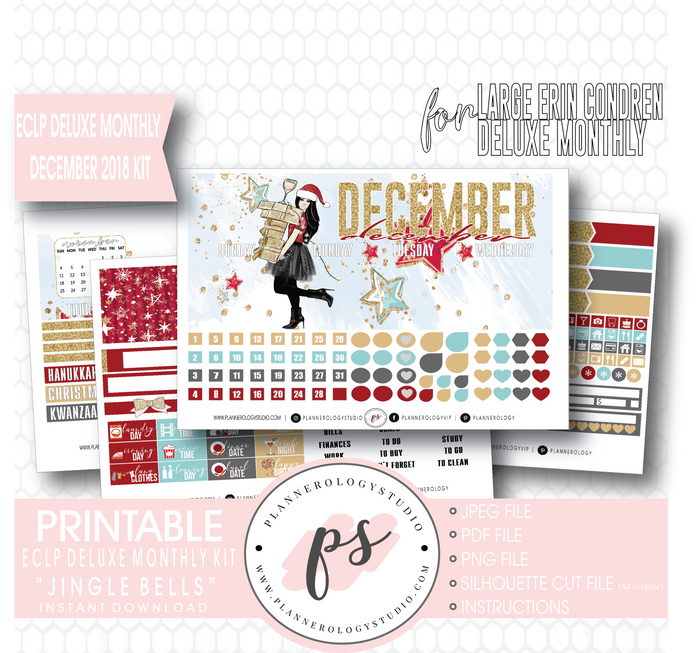 Jingle Bells December 2018 Monthly View Kit Digital Printable Planner Stickers (for use with Erin Condren Large Deluxe Monthly Planner) - Plannerologystudio