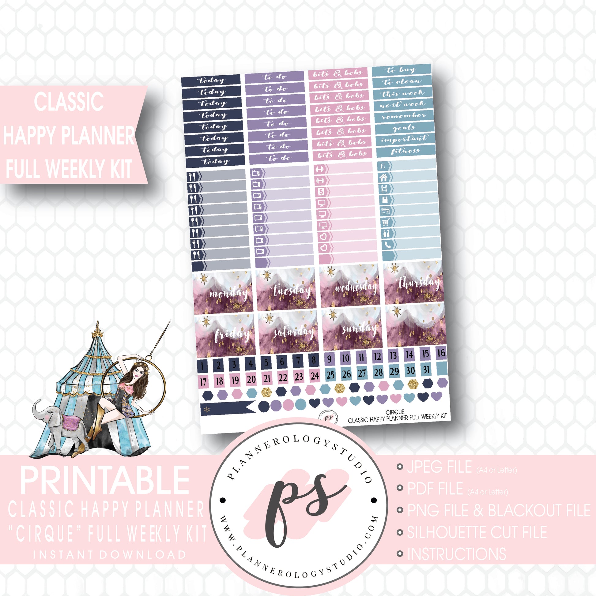 Cirque Full Weekly Kit Printable Planner Stickers (for use with Classic Happy Planner) - Plannerologystudio