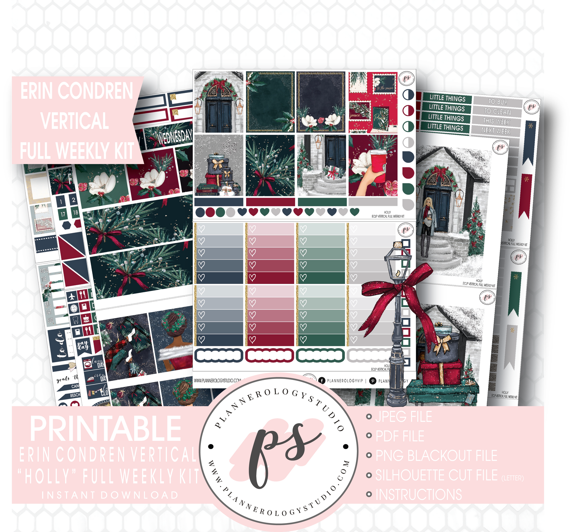 Holly Christmas Full Weekly Kit Printable Planner Stickers (for use with Erin Condren Vertical) - Plannerologystudio