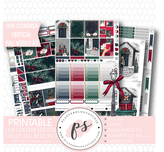 Holly Christmas Full Weekly Kit Printable Planner Stickers (for use with Erin Condren Vertical) - Plannerologystudio