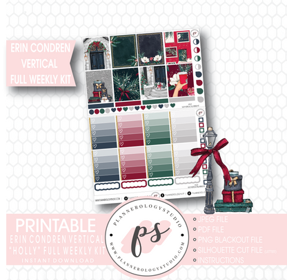 Holly Christmas Full Weekly Kit Printable Planner Stickers (for use with Erin Condren Vertical) - Plannerologystudio