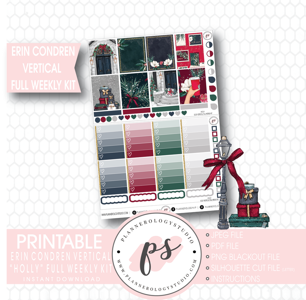 Holly Christmas Full Weekly Kit Printable Planner Stickers (for use with Erin Condren Vertical) - Plannerologystudio