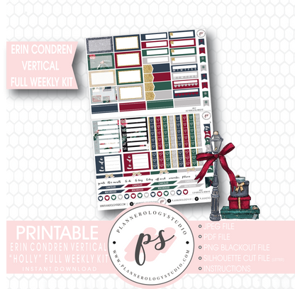 Holly Christmas Full Weekly Kit Printable Planner Stickers (for use with Erin Condren Vertical) - Plannerologystudio