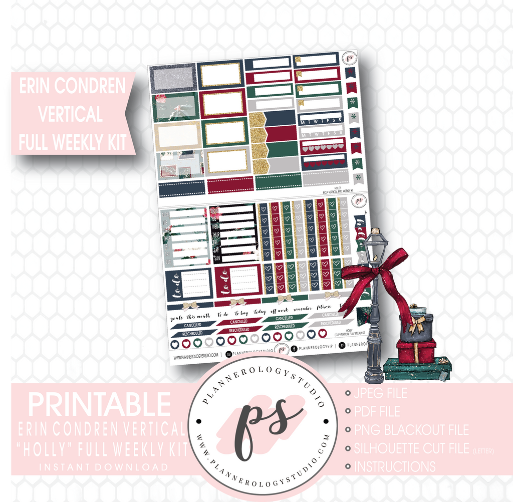 Holly Christmas Full Weekly Kit Printable Planner Stickers (for use with Erin Condren Vertical) - Plannerologystudio