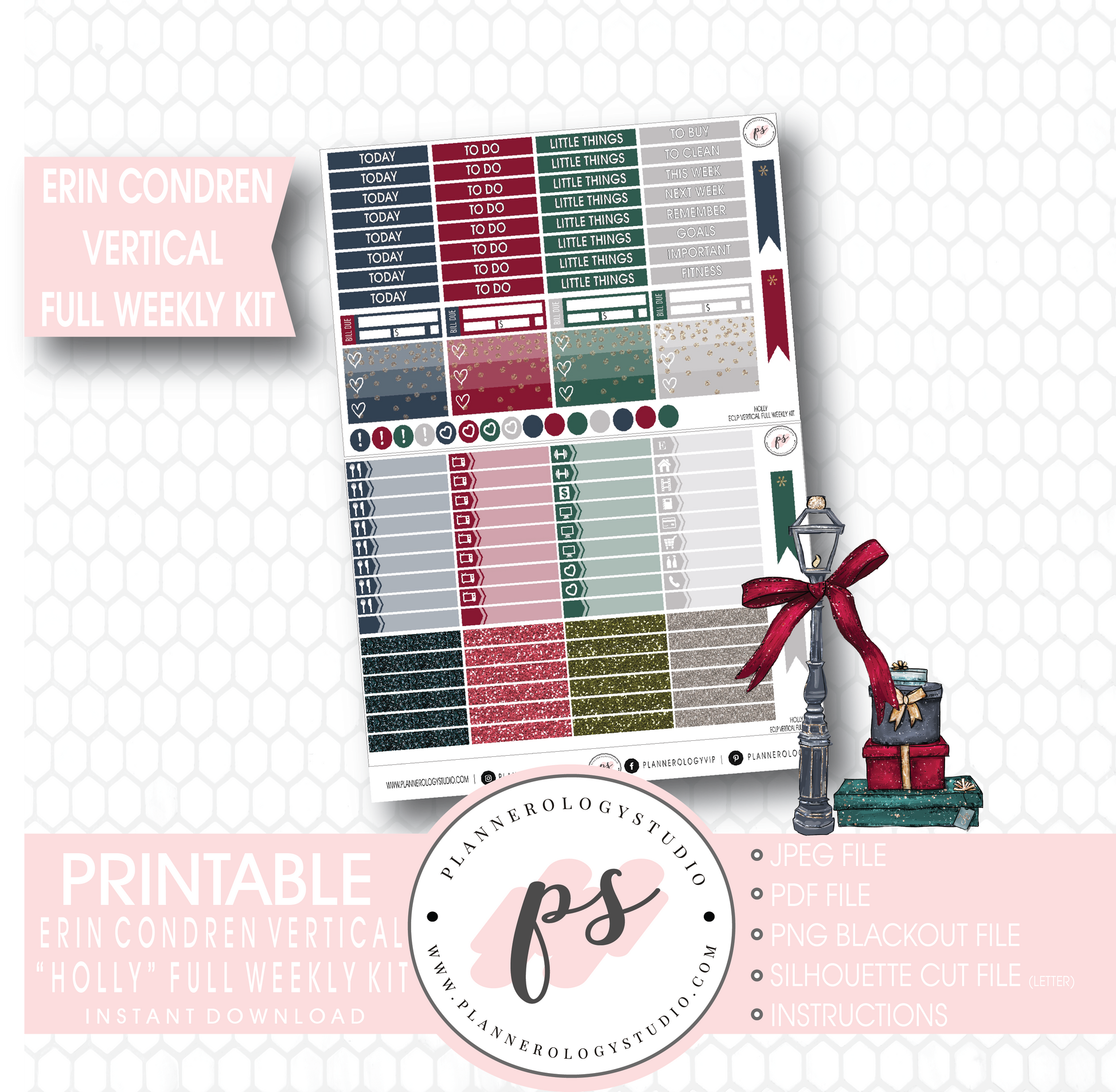 Holly Christmas Full Weekly Kit Printable Planner Stickers (for use with Erin Condren Vertical) - Plannerologystudio