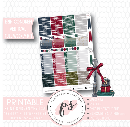 Holly Christmas Full Weekly Kit Printable Planner Stickers (for use with Erin Condren Vertical) - Plannerologystudio