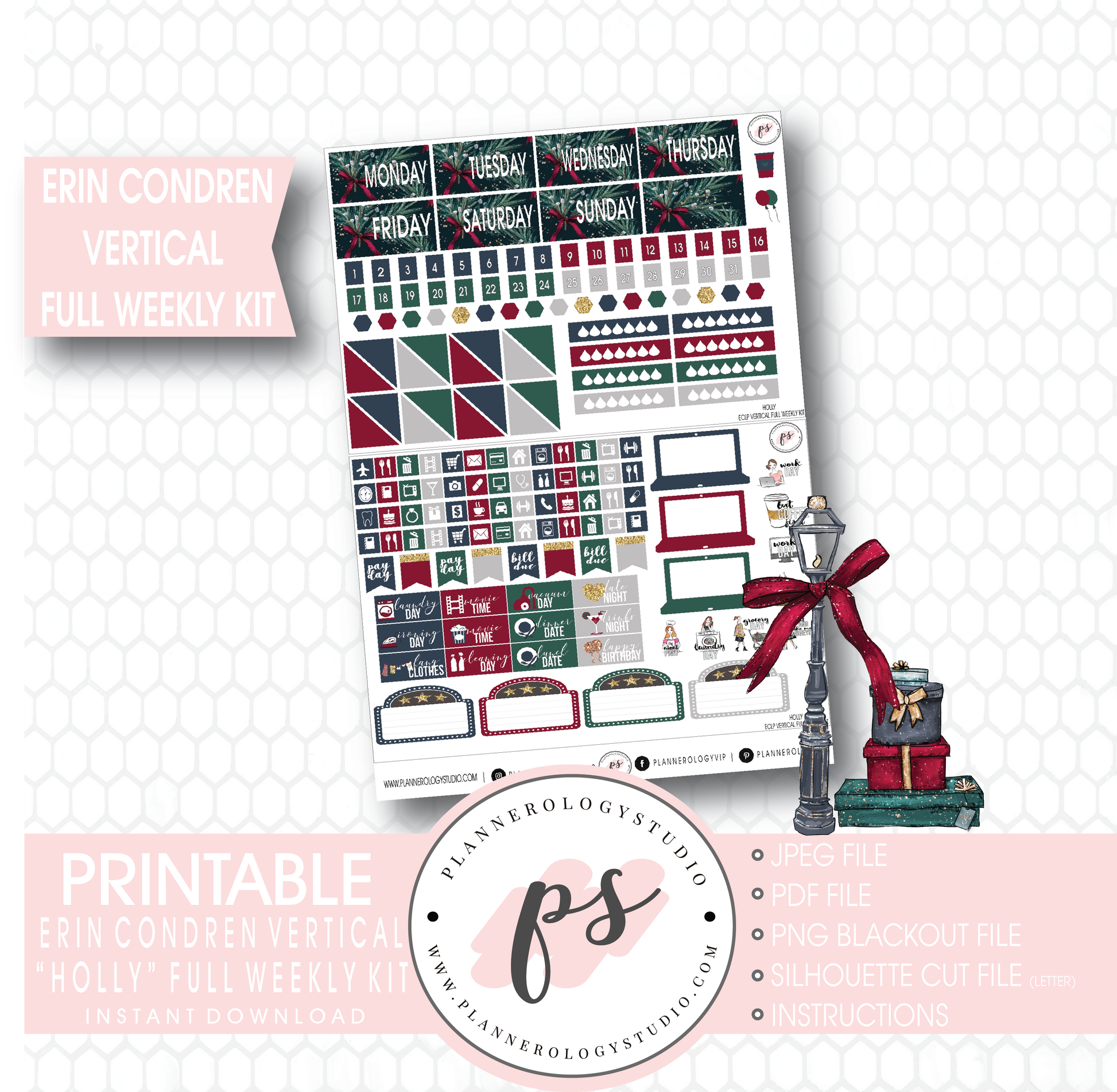 Holly Christmas Full Weekly Kit Printable Planner Stickers (for use with Erin Condren Vertical) - Plannerologystudio