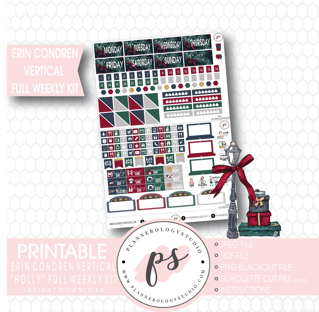 Holly Christmas Full Weekly Kit Printable Planner Stickers (for use with Erin Condren Vertical) - Plannerologystudio