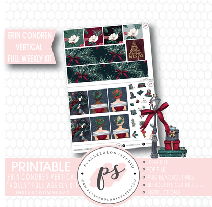 Holly Christmas Full Weekly Kit Printable Planner Stickers (for use with Erin Condren Vertical) - Plannerologystudio