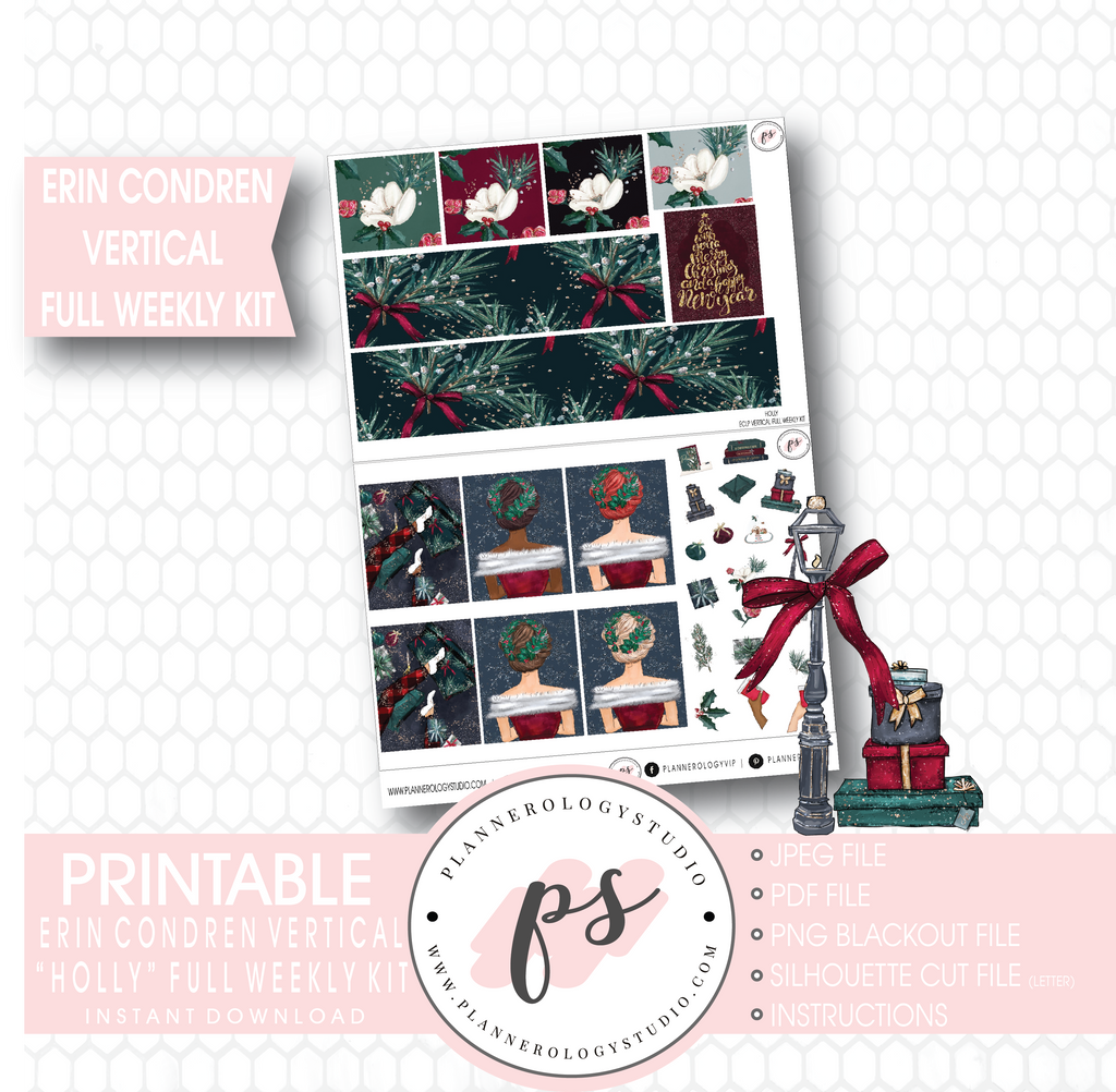 Holly Christmas Full Weekly Kit Printable Planner Stickers (for use with Erin Condren Vertical) - Plannerologystudio
