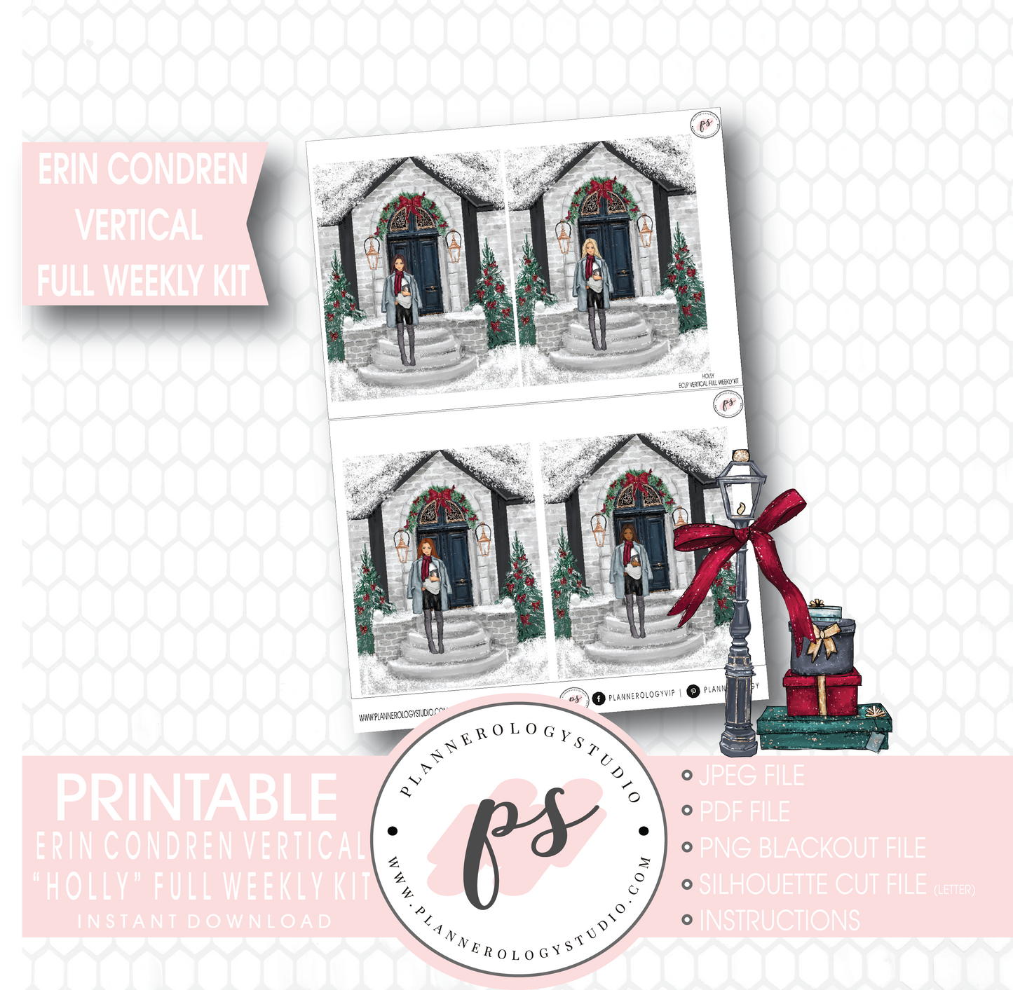 Holly Christmas Full Weekly Kit Printable Planner Stickers (for use with Erin Condren Vertical) - Plannerologystudio
