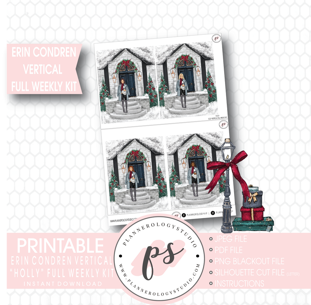 Holly Christmas Full Weekly Kit Printable Planner Stickers (for use with Erin Condren Vertical) - Plannerologystudio