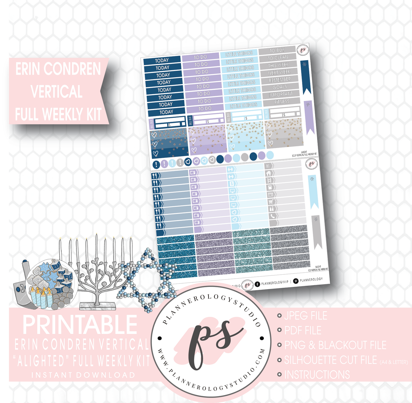 Alight Hanukkah Full Weekly Kit Printable Planner Stickers (for use with Erin Condren Vertical) - Plannerologystudio
