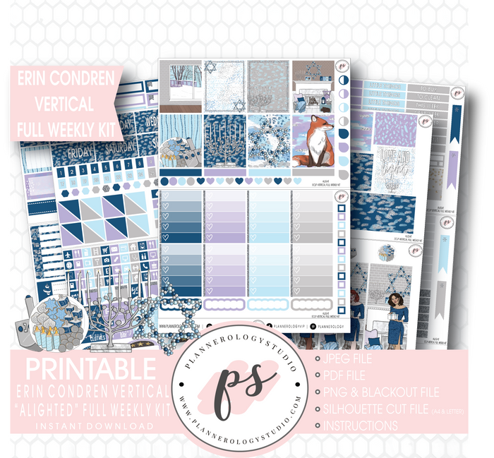 Alight Hanukkah Full Weekly Kit Printable Planner Stickers (for use with Erin Condren Vertical) - Plannerologystudio