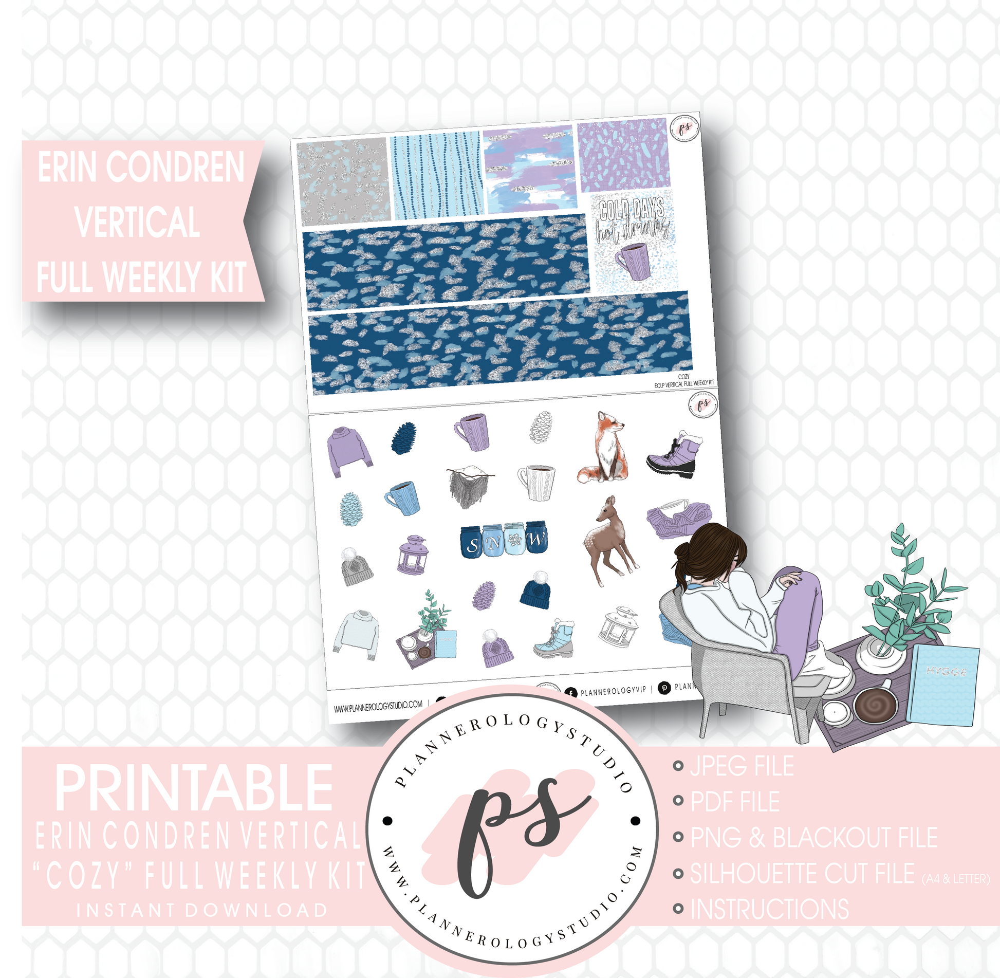 Cozy Winter Full Weekly Kit Printable Planner Stickers (for use with Erin Condren Vertical) - Plannerologystudio