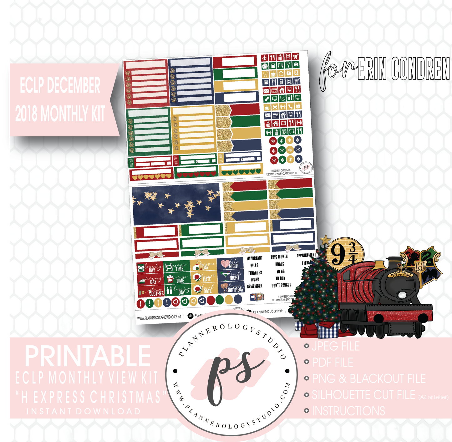 H Express Christmas (Harry Potter) Christmas December 2018 Monthly View Kit Digital Printable Planner Stickers (for use with Erin Condren) - Plannerologystudio
