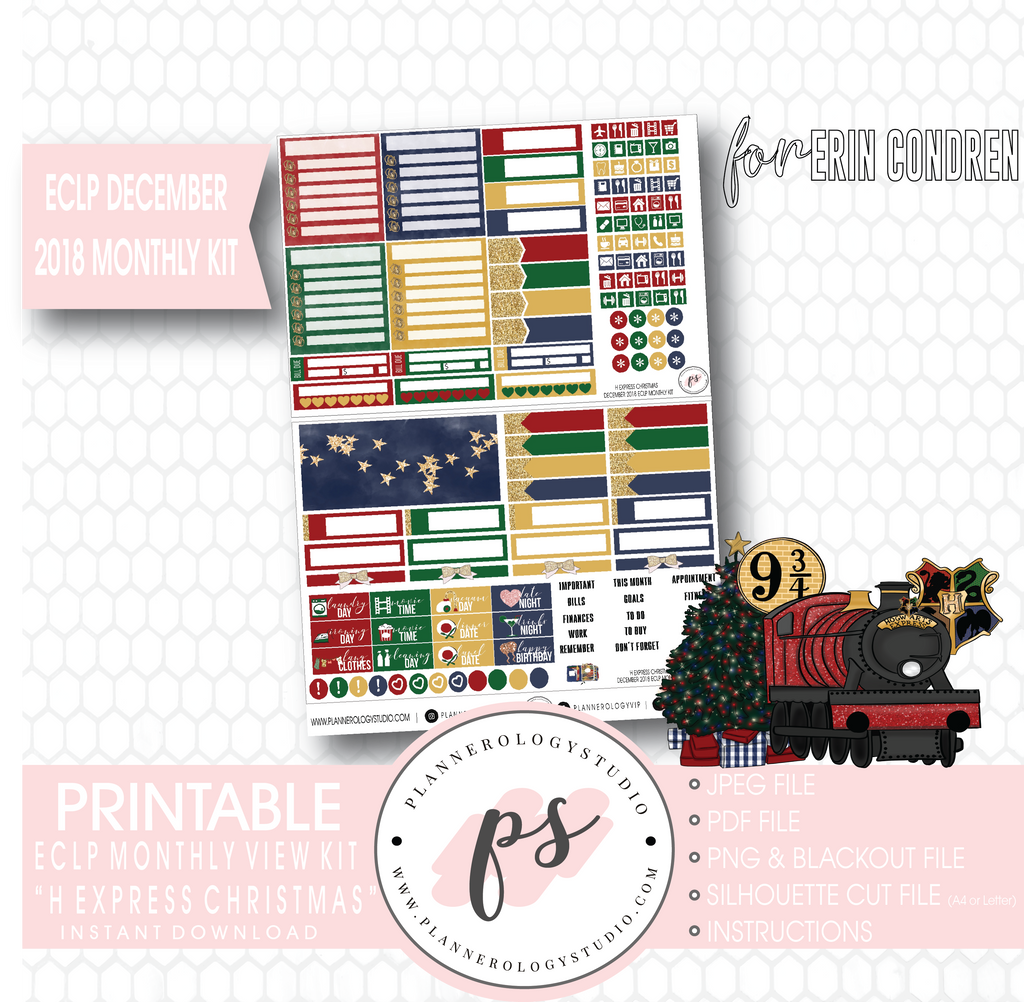 H Express Christmas (Harry Potter) Christmas December 2018 Monthly View Kit Digital Printable Planner Stickers (for use with Erin Condren) - Plannerologystudio