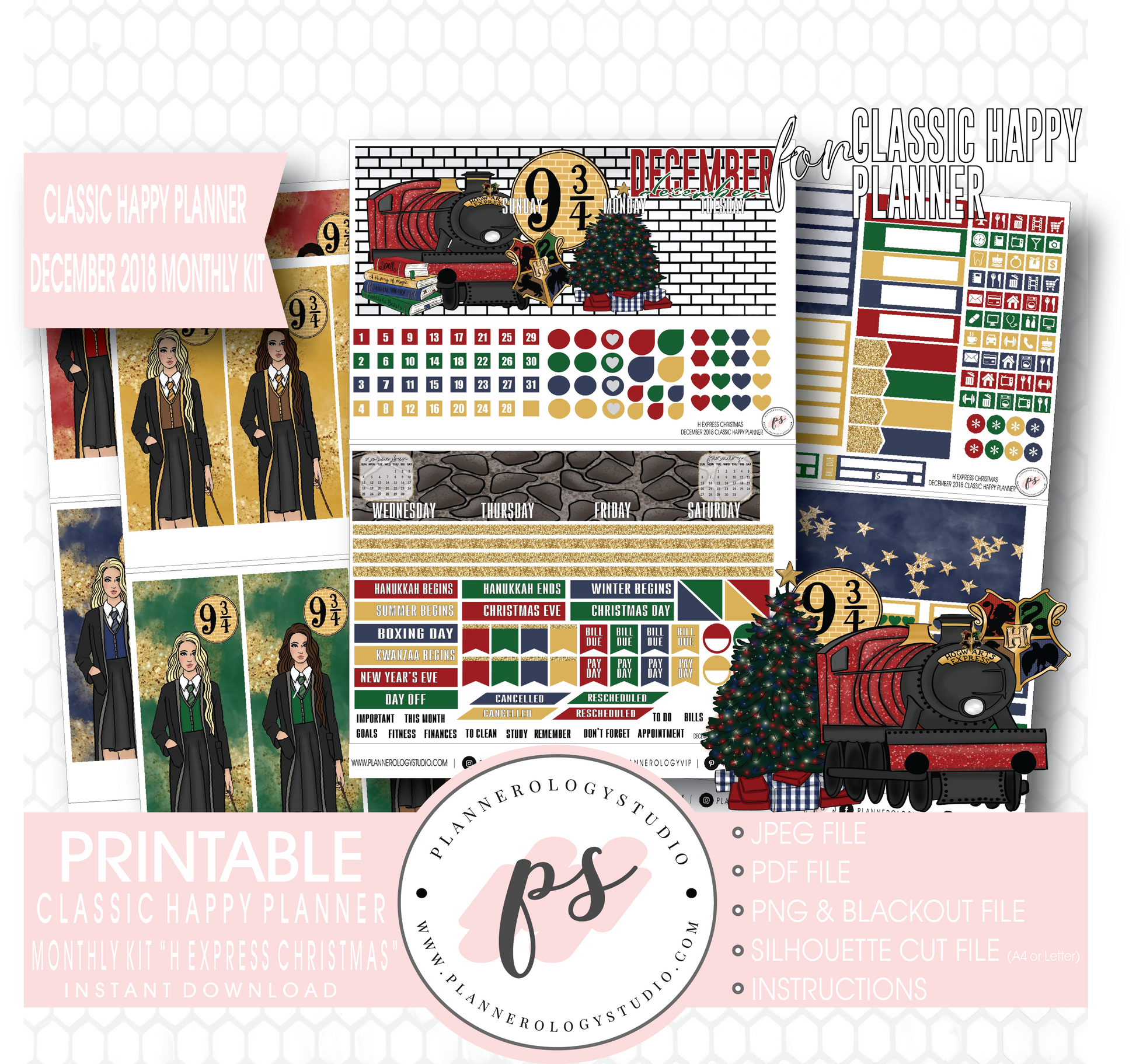 H Express Christmas (Harry Potter) Christmas December 2018 Monthly View Kit Digital Printable Planner Stickers (for use with Classic Happy Planner) - Plannerologystudio