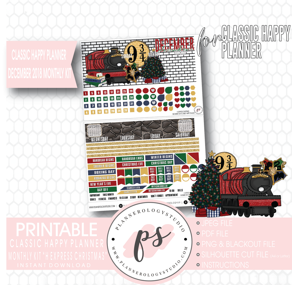 H Express Christmas (Harry Potter) Christmas December 2018 Monthly View Kit Digital Printable Planner Stickers (for use with Classic Happy Planner) - Plannerologystudio
