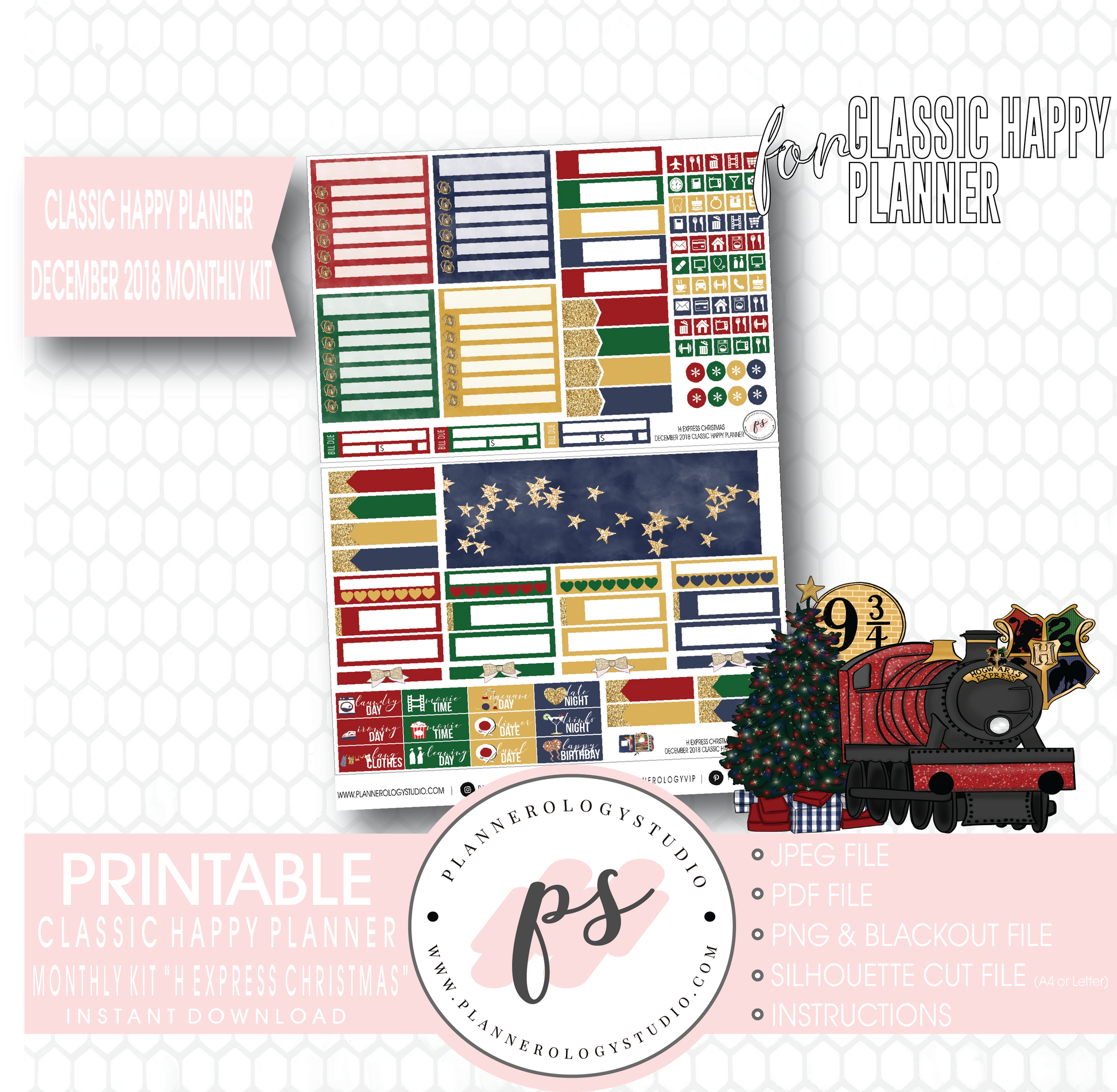 H Express Christmas (Harry Potter) Christmas December 2018 Monthly View Kit Digital Printable Planner Stickers (for use with Classic Happy Planner) - Plannerologystudio