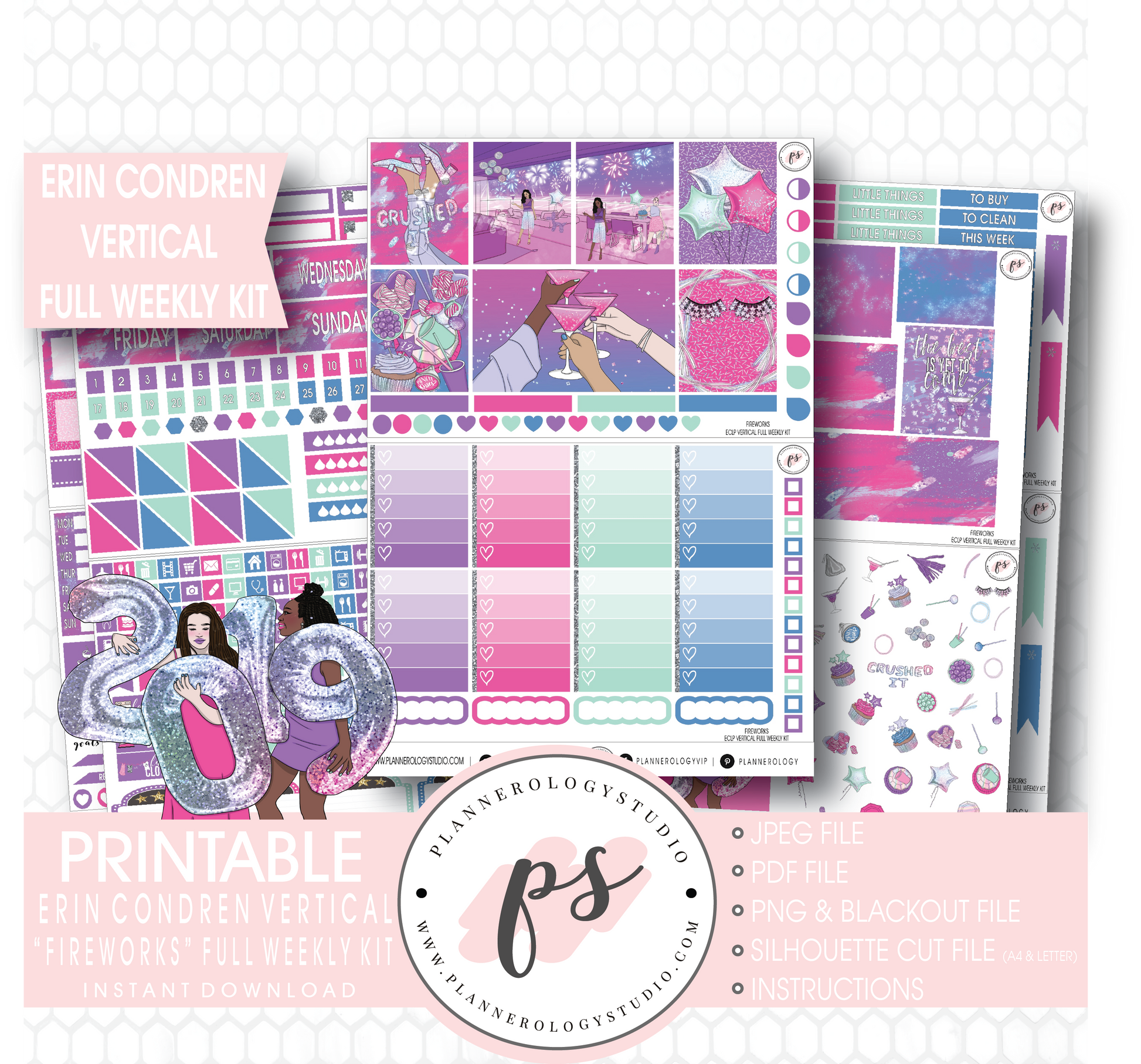 Fireworks New Year's Full Weekly Kit Printable Planner Stickers (for use with Erin Condren Vertical) - Plannerologystudio