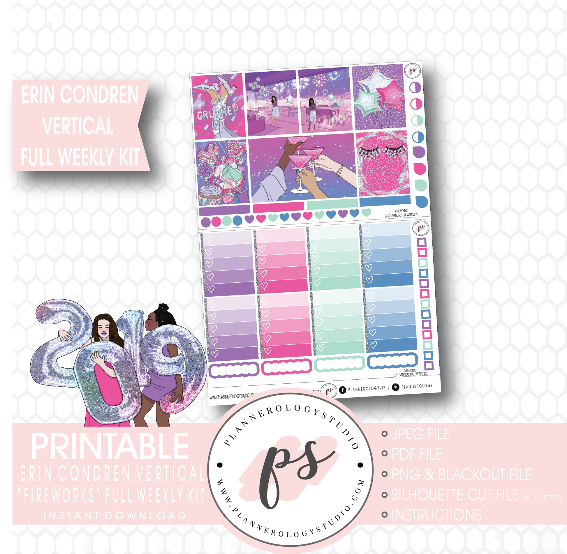 Fireworks New Year's Full Weekly Kit Printable Planner Stickers (for use with Erin Condren Vertical) - Plannerologystudio