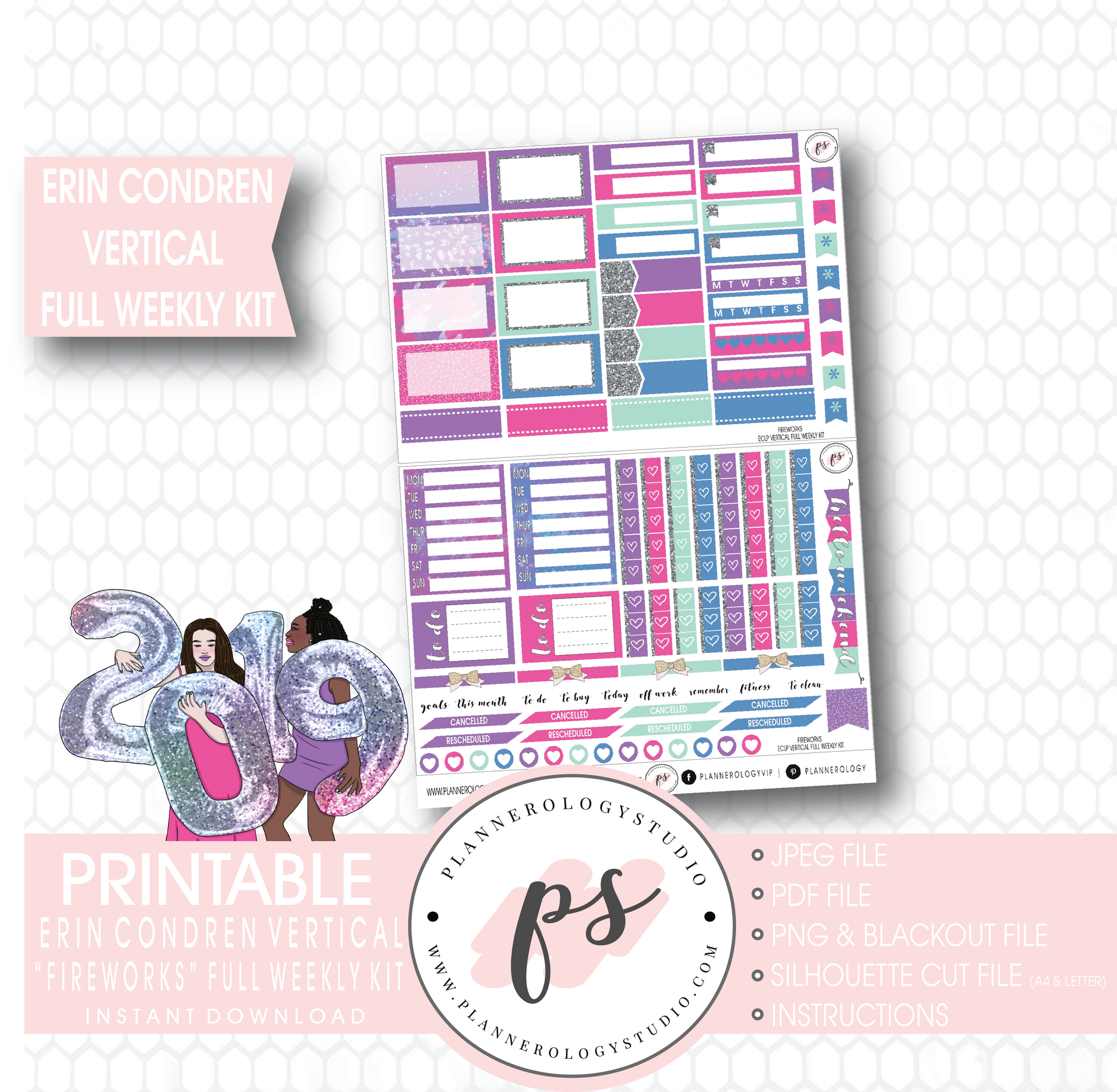 Fireworks New Year's Full Weekly Kit Printable Planner Stickers (for use with Erin Condren Vertical) - Plannerologystudio