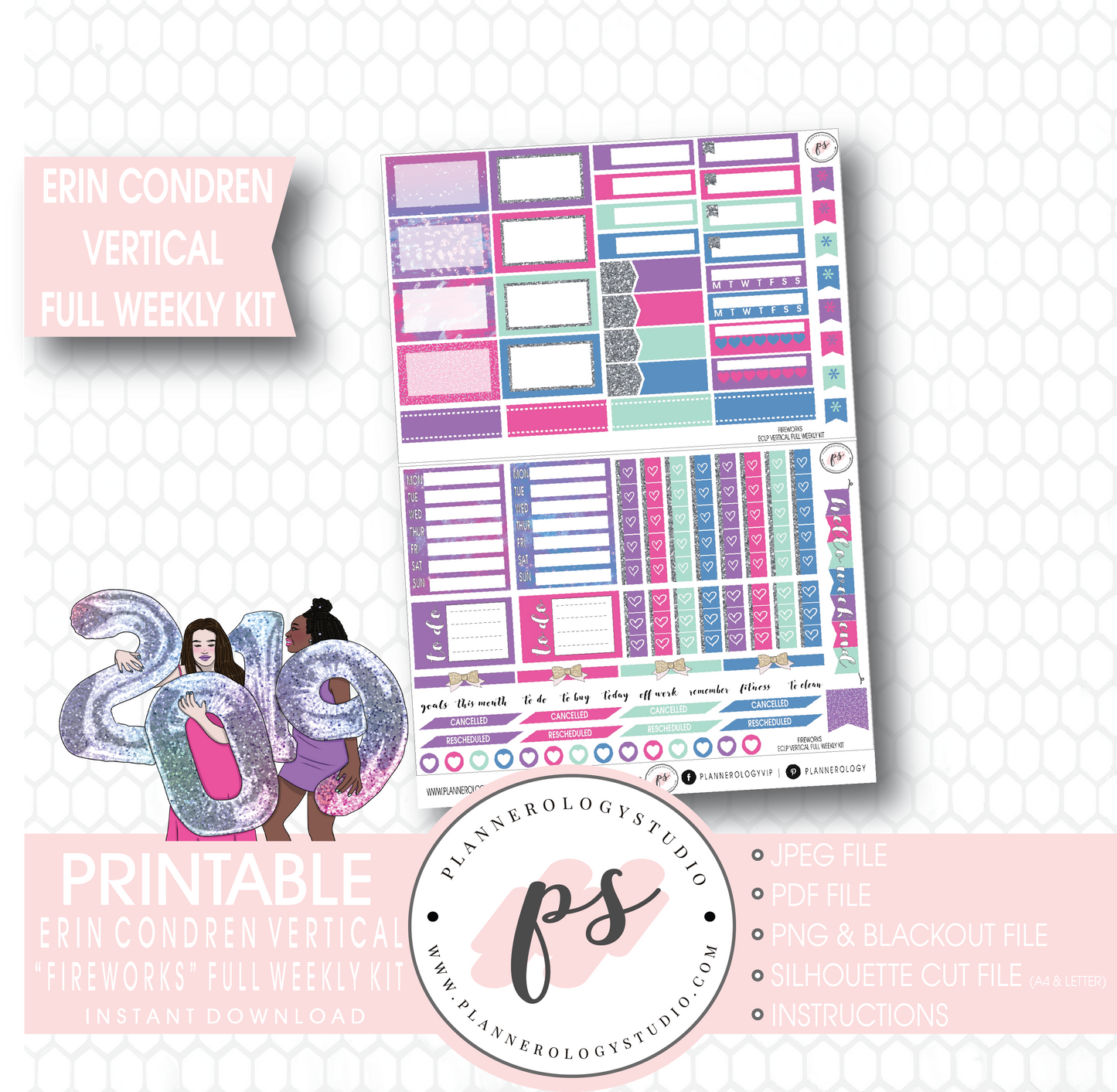 Fireworks New Year's Full Weekly Kit Printable Planner Stickers (for use with Erin Condren Vertical) - Plannerologystudio