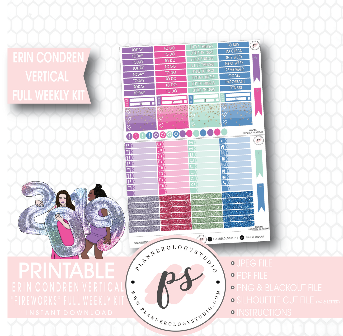 Fireworks New Year's Full Weekly Kit Printable Planner Stickers (for use with Erin Condren Vertical) - Plannerologystudio
