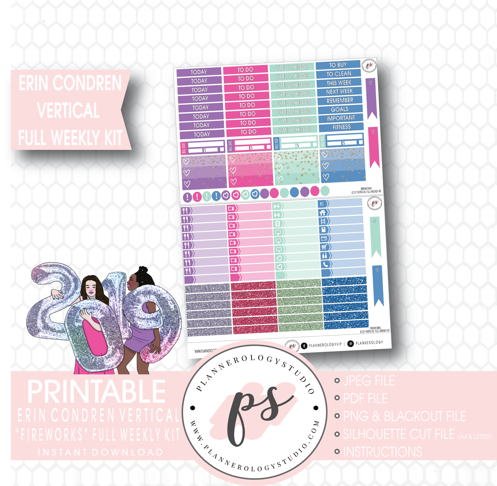 Fireworks New Year's Full Weekly Kit Printable Planner Stickers (for use with Erin Condren Vertical) - Plannerologystudio