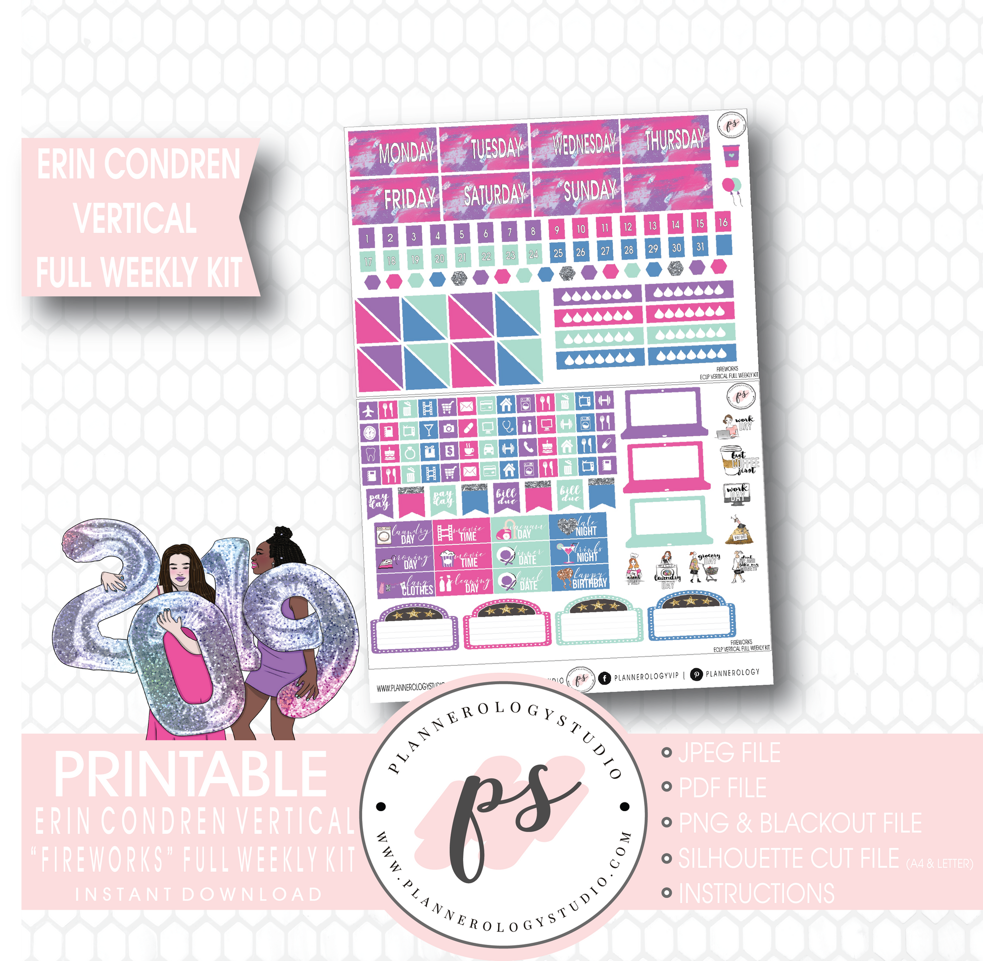Fireworks New Year's Full Weekly Kit Printable Planner Stickers (for use with Erin Condren Vertical) - Plannerologystudio