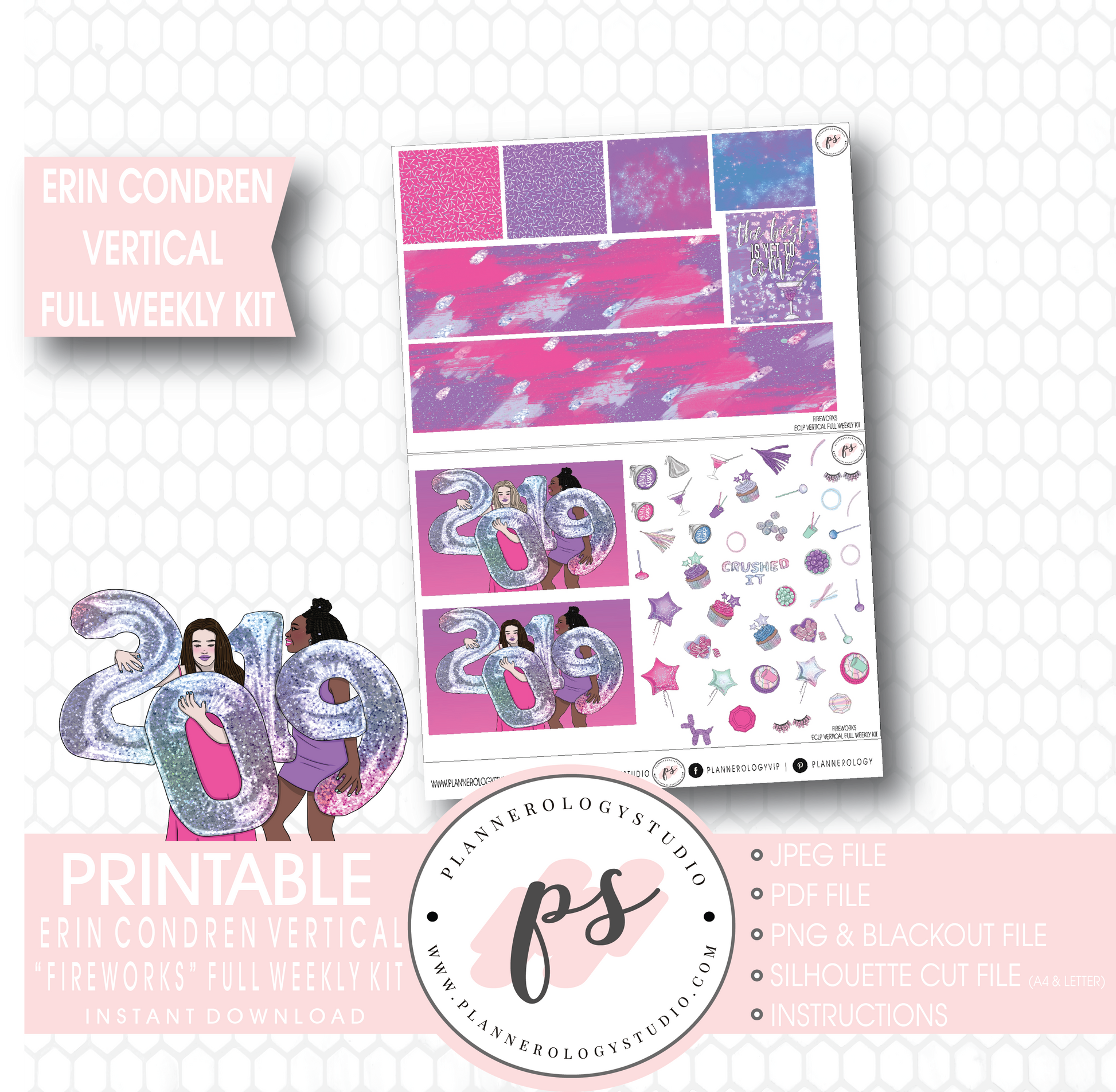 Fireworks New Year's Full Weekly Kit Printable Planner Stickers (for use with Erin Condren Vertical) - Plannerologystudio