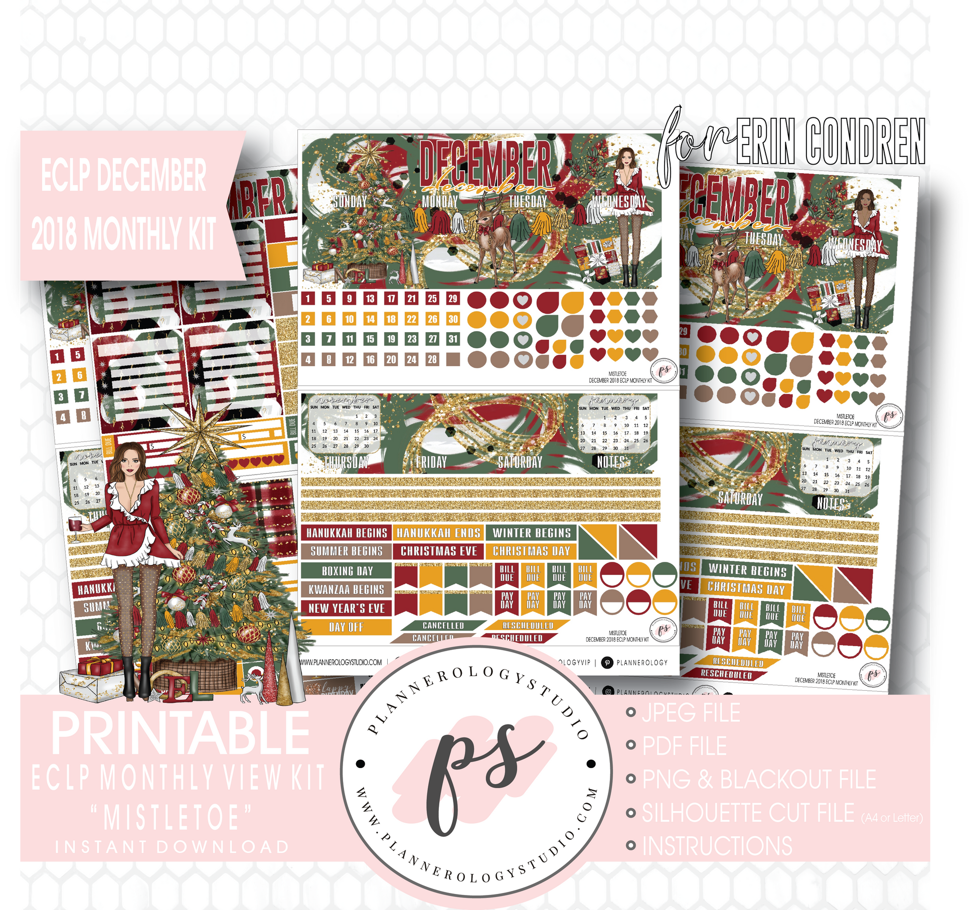 Mistletoe Christmas December 2018 Monthly View Kit Digital Printable Planner Stickers (for use with Erin Condren) - Plannerologystudio