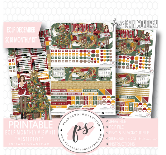 Mistletoe Christmas December 2018 Monthly View Kit Digital Printable Planner Stickers (for use with Erin Condren) - Plannerologystudio