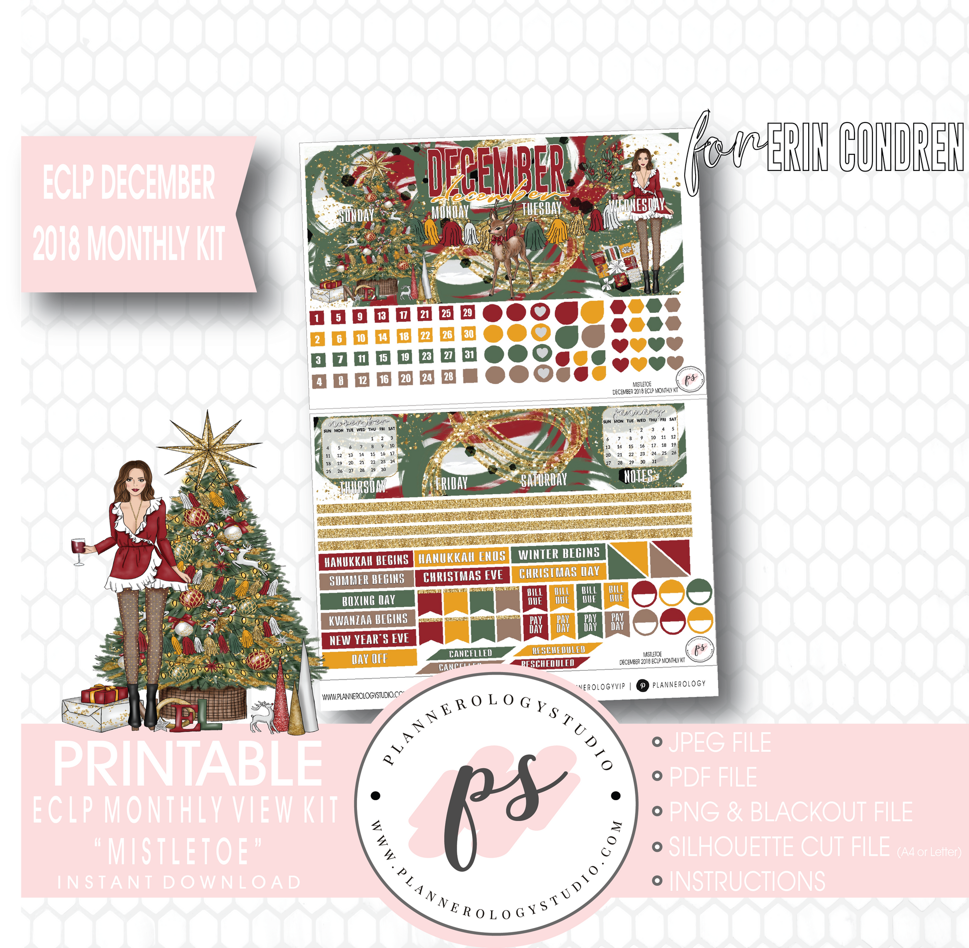 Mistletoe Christmas December 2018 Monthly View Kit Digital Printable Planner Stickers (for use with Erin Condren) - Plannerologystudio