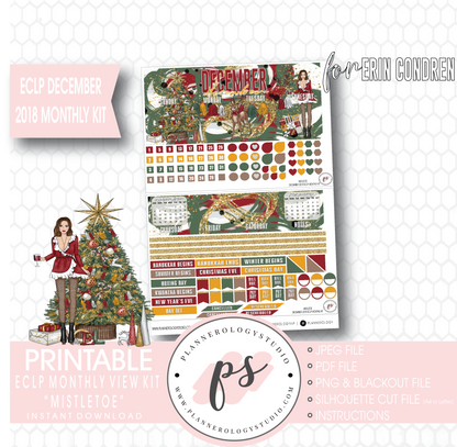 Mistletoe Christmas December 2018 Monthly View Kit Digital Printable Planner Stickers (for use with Erin Condren) - Plannerologystudio